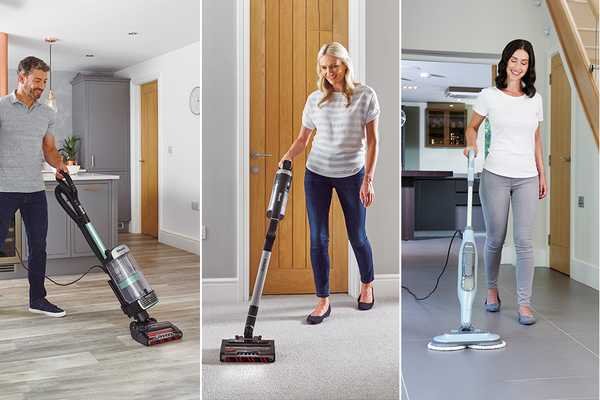 A man and 2 women cleaning floors using Shark corded and cordless vacuum cleaners.